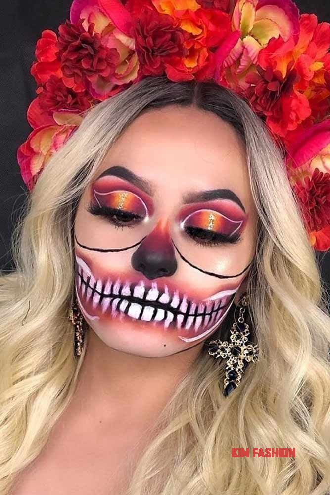 Sugar Skull Colorful Red, Black, White, and Yellow Makeup Design