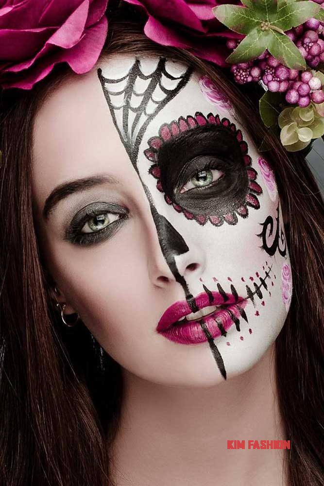 Skull makeup covered with stones, eye, and lips makeup idea