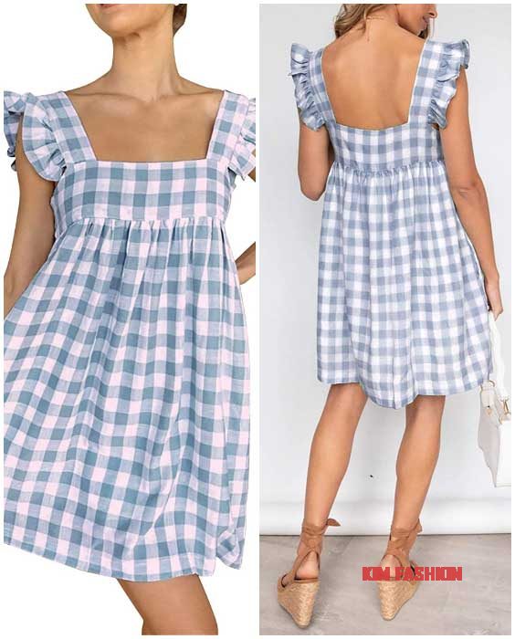 Casual Sleeveless Plaid Babydoll Shift Dress Cute Outfit For Woman