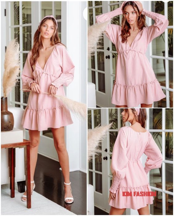 Light Pink Ruffled Long Sleeve Mini Dress spring outfit cute