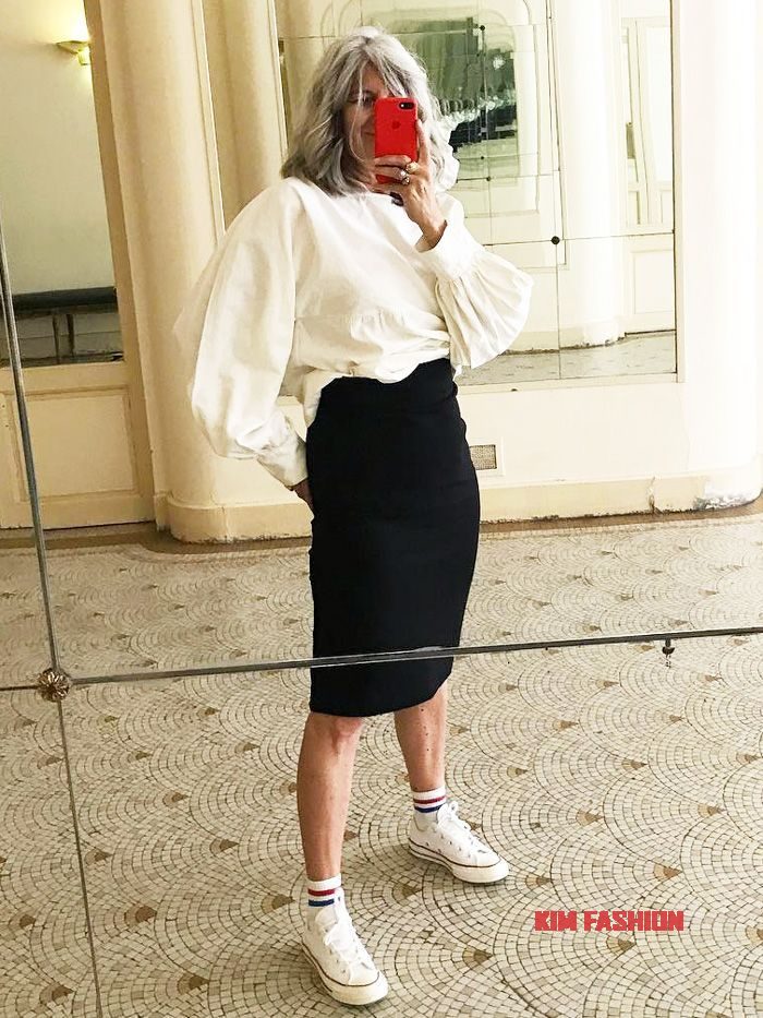 Long Sleeve White Blouse with Black Skirt Outfits for Older Ladies  