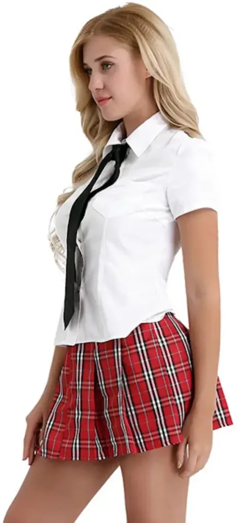 School Girl Uniform Costume Shirt with Red Pleated Skirt and Tie School Girl Halloween Costume