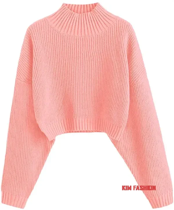 High Neck Lantern Sleeve Ribbed Knit Pullover Crop Sweater