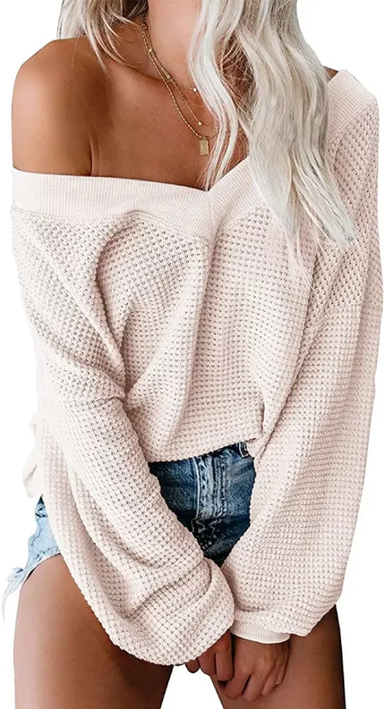 Oversized Off Shoulder Pullover Tops Long Sleeve Loose Fit Waffle Knit Tops 25 Best Crop Top Sweater Outfit Idea To Try Out