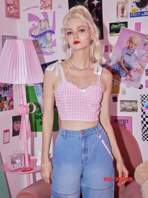 Plaid Pink Top with Baggy Jeans Y2k Fashion