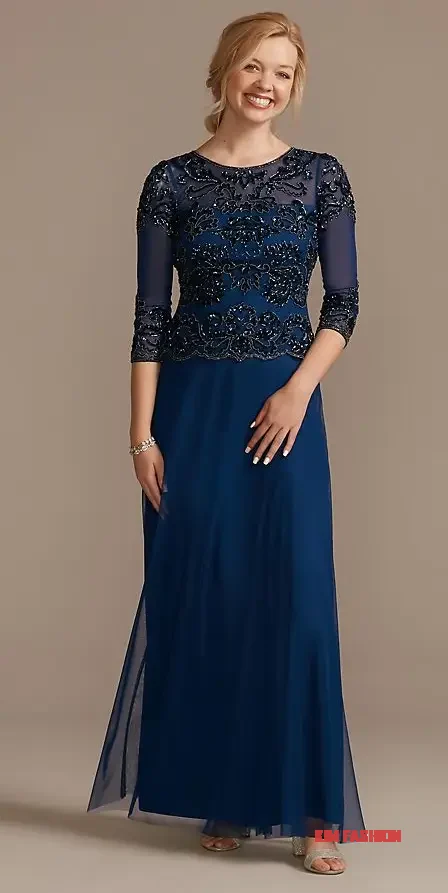 Beaded Three-Fourth Sleeve Scoopneck A-Line Bridesmaid Dresses