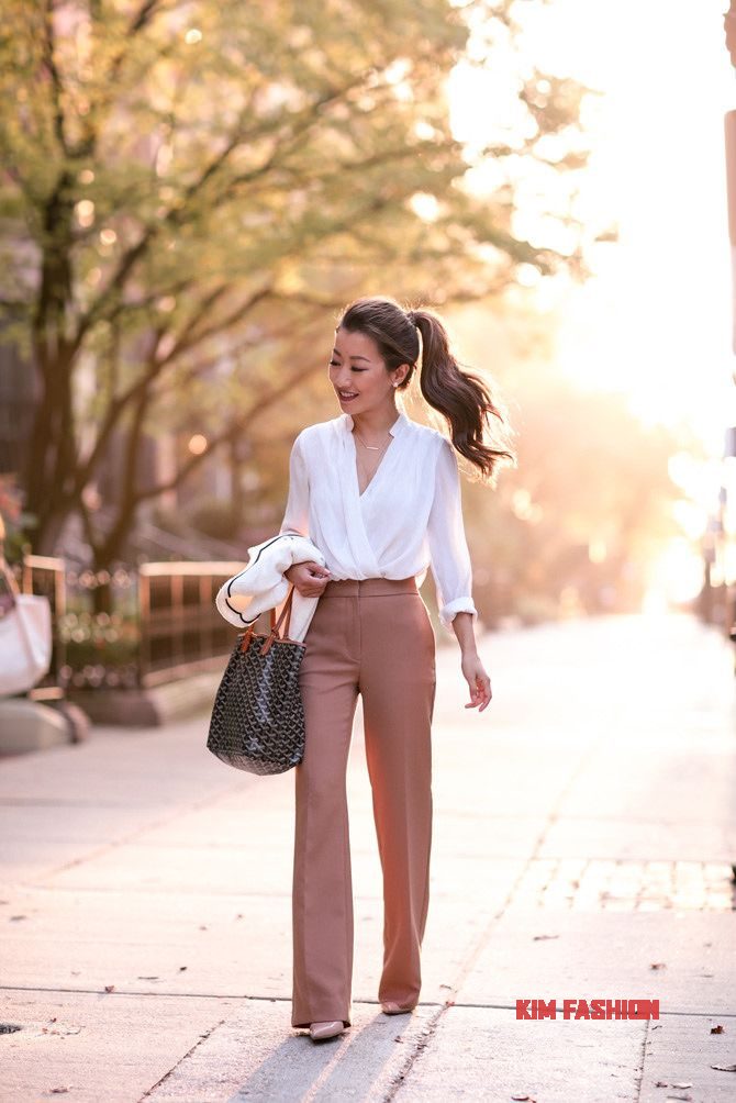 Brown Pants with Long Sleeve White Top Work Outfits for Women Over 40