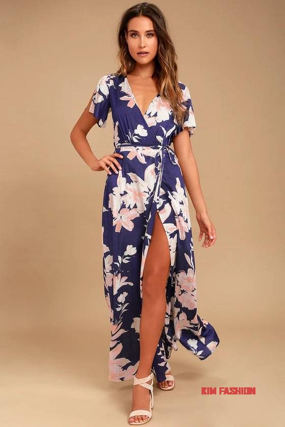 Navy Blue Floral Print Wrap Maxi Dress 30 Cute Summer Outfits for Girls