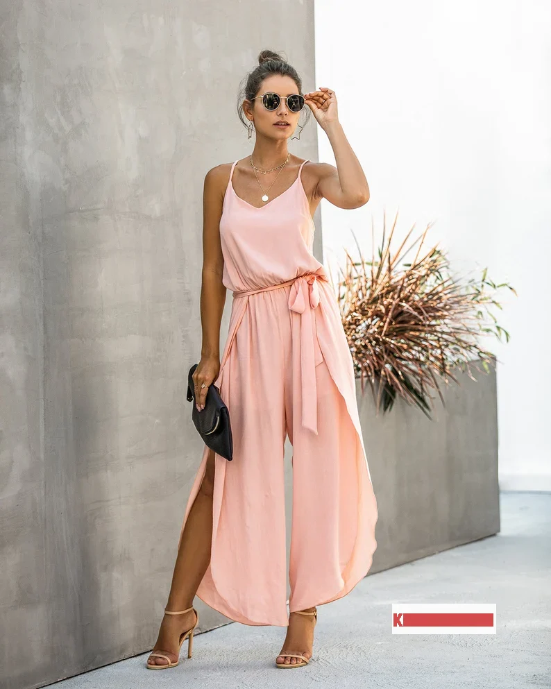 Women V Neck Spaghetti Straps Waist Tie Low Back Wide Leg Open Leg Solid Loose Fit Jumpsuit 30 Cute Summer Outfits for Girls