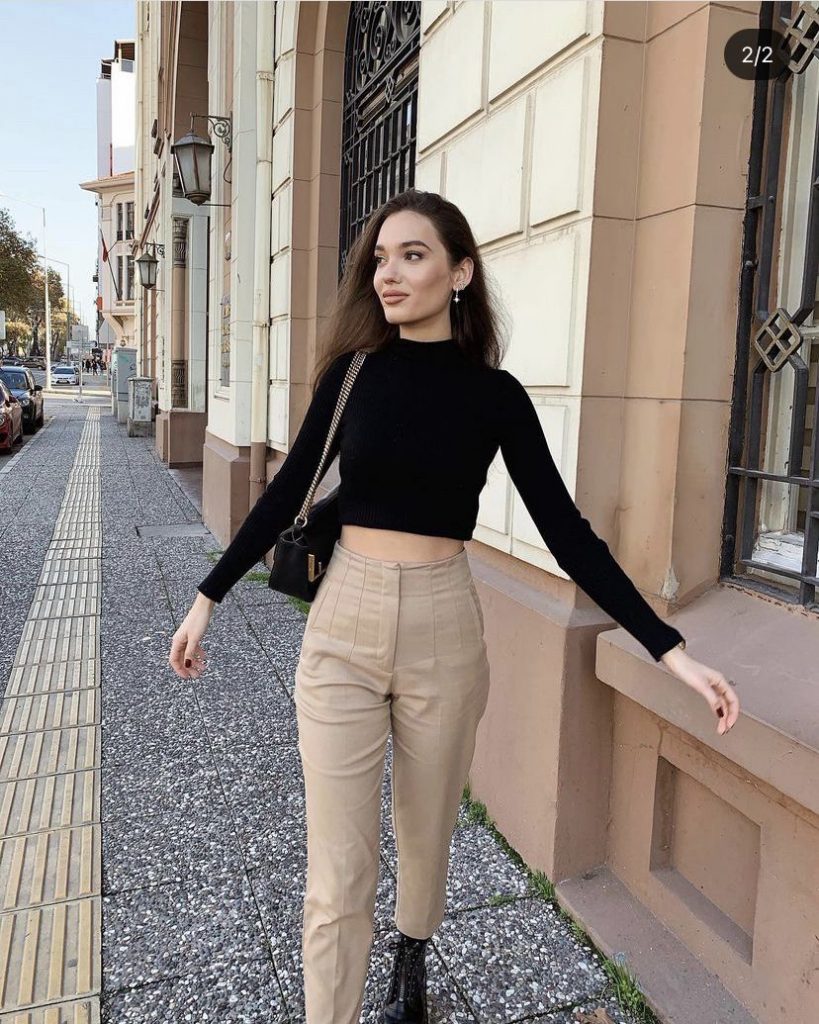 Long Sleeve Black Croptop, High Waste Pants and Black Ankle Boots