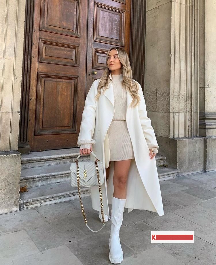 Long Coat Sweater Dress and White Boots Date Outfit for Fall