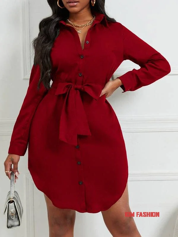 Long sleeve button front Dress shirt dress with tie belt at the front 