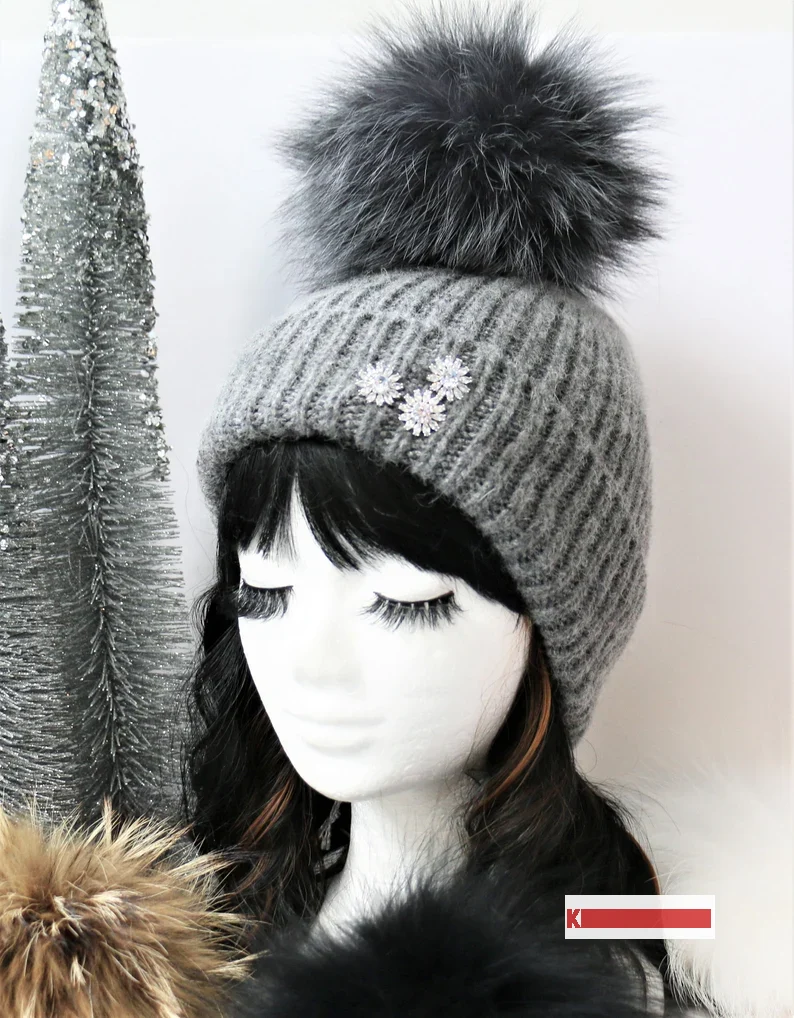 Cashmere Wool Knit Blend Beanie with Silver Fox Fur Pom Poms