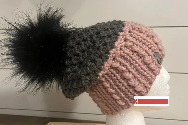 Pink and Grey Slight Slouch Double Pom