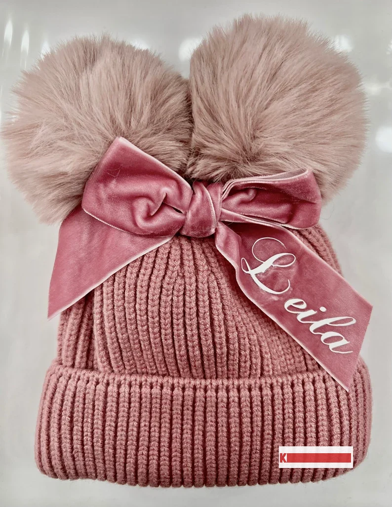 Pompom Beanie with Personalized Bow