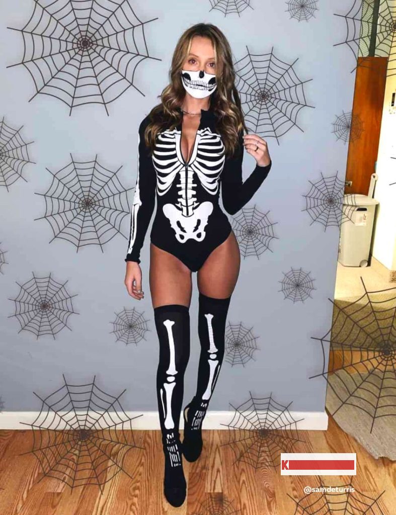 Skeleton Costume Idea: Black and White Bone Bodysuit with Mask and Stockings