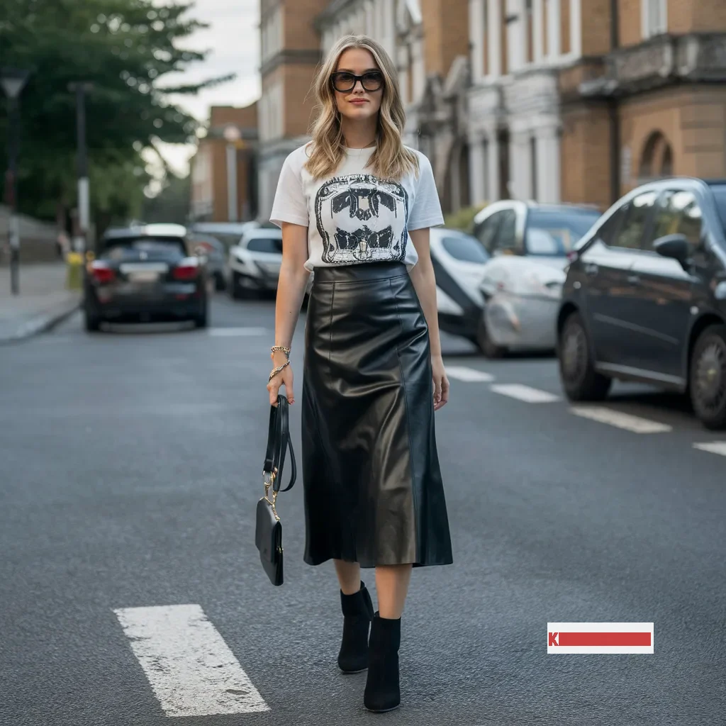 Black leather skirt Outfit for Wedding Guest with White graphic tee Black ankle boots and a Black crossbody bag Skirt Outfit for Wedding Guest