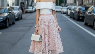 Blush lace skirt Outfit for Wedding Guest with White off the shoulder top Silver heels and a White clutch Purse Skirt Outfit for Wedding Guest