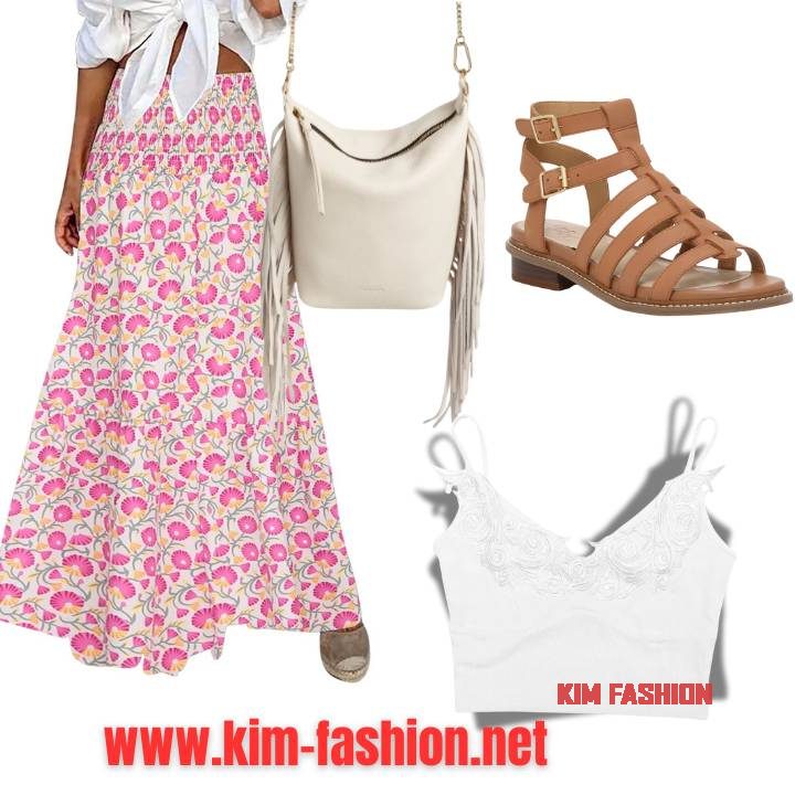 Boho Beauty
Skirt Outfit Ideas for Wedding Guests 
Skirt: Maxi skirt with bohemian print
Top: White crochet crop top
Shoes: Brown gladiator sandals
Bag: Fringe crossbody bag