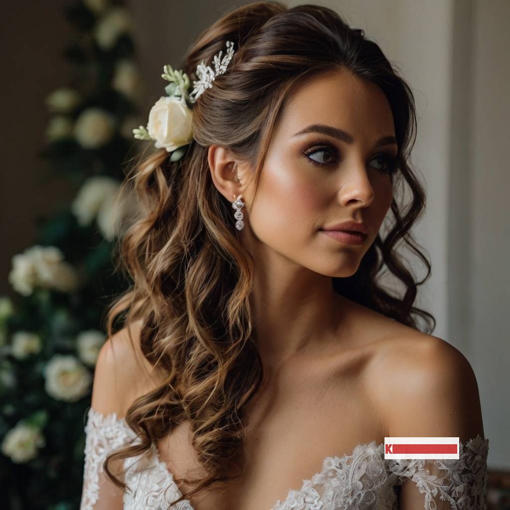 Half Down Bride Style with Floral Accessory Hair pin