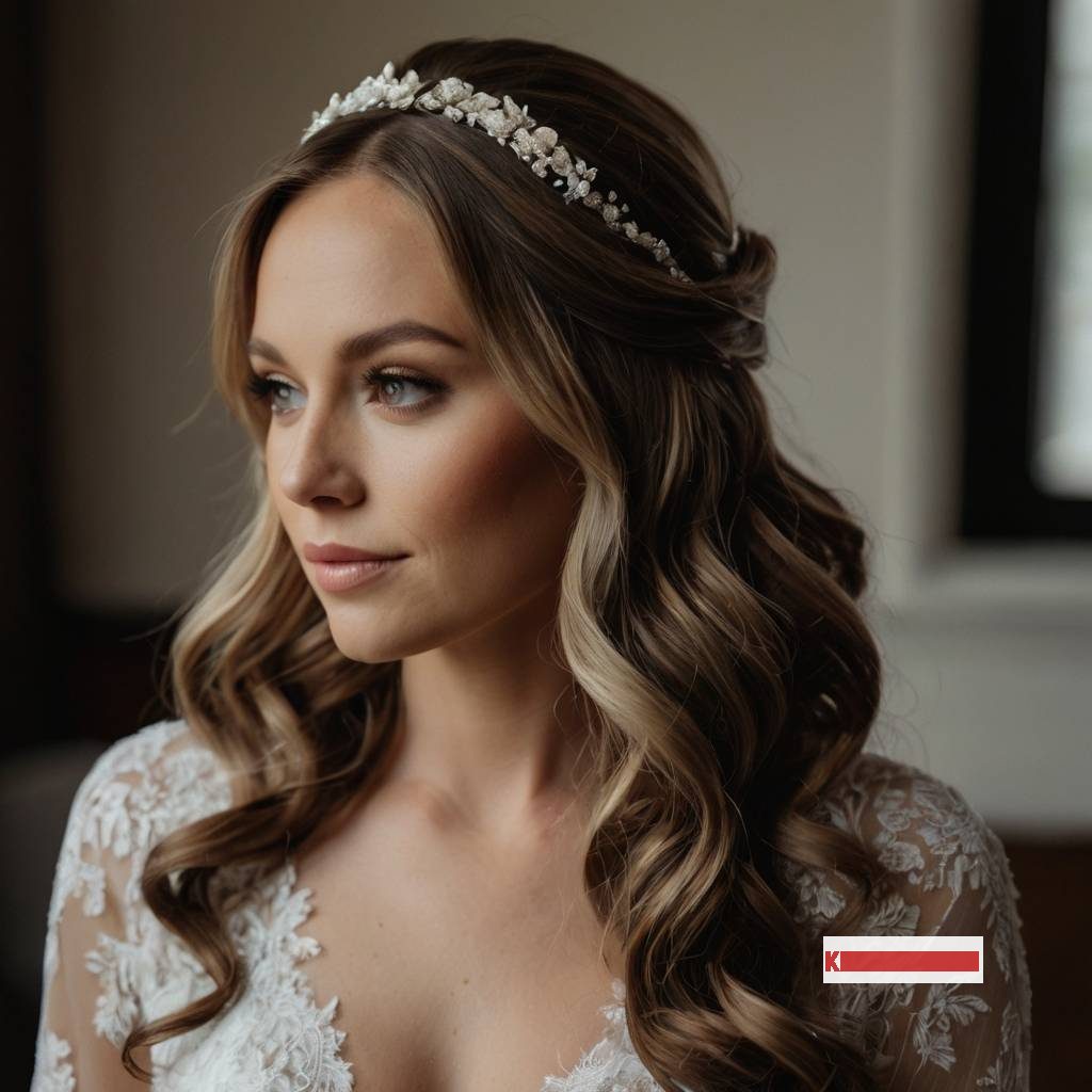 White Floral Headband Crown Style with Bride Hairstyle Down