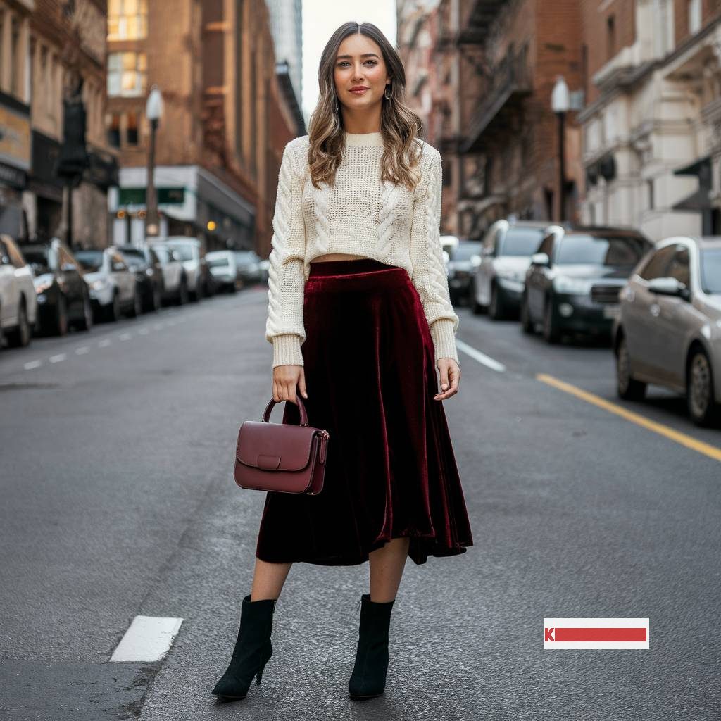 Burgundy velvet skirt Outfit for Wedding Guest with Cream knit sweater, Black ankle boots and a Burgundy handbag