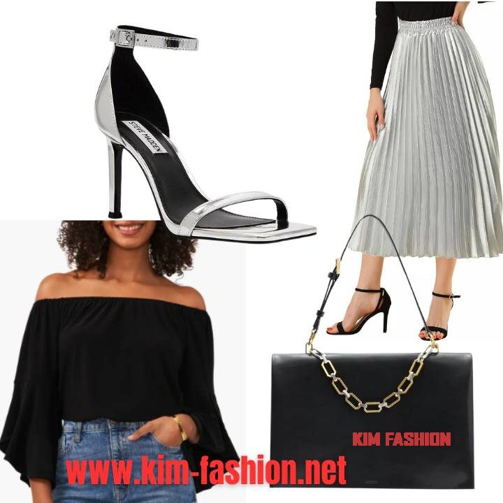 Skirt Outfit Ideas for Wedding Guests
Chic and Modern
Skirt: Pleated metallic skirt
Top: Black off-the-shoulder top
Shoes: Silver ankle-strap heels
Bag: Black box clutch