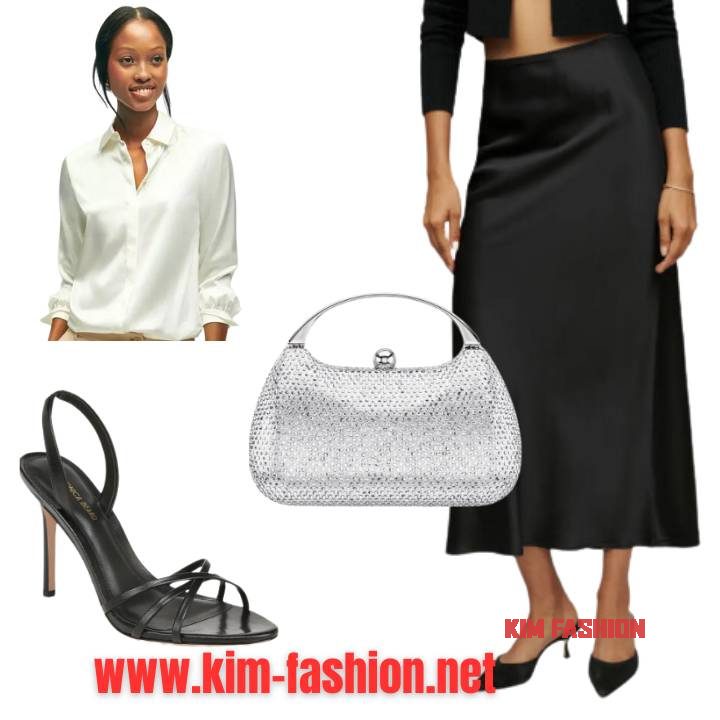 Skirt Outfit Ideas for Wedding Guests
Skirt: Black A-line satin skirt
Top: White silk blouse
Shoes: Black strappy heels
Bag: Silver clutch