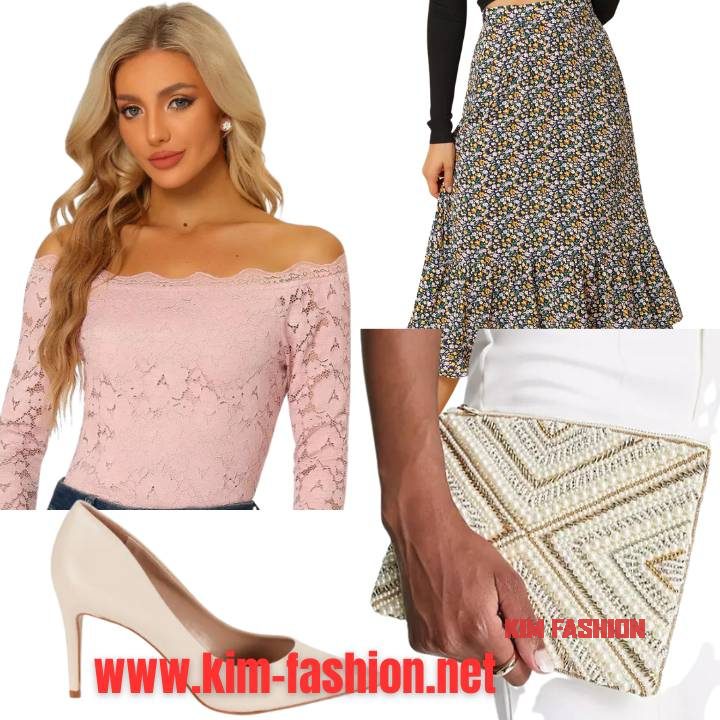 Skirt Outfit Ideas for Wedding Guests
 Floral Delight
Skirt: Floral print midi skirt
Top: Pastel pink lace top
Shoes: Nude pumps
Bag: White beaded clutch