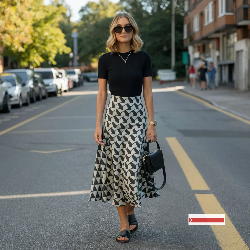 Geometric print skirt Outfit for Wedding Guest with Solid black top, Black sandals and a Black crossbody bag