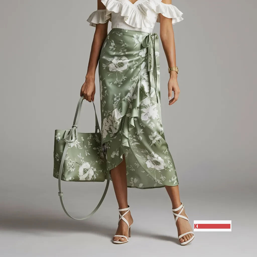 Green floral wrap skirt Outfit for Wedding Guest with White ruffle blouse, White sandals and a Green tote Bag