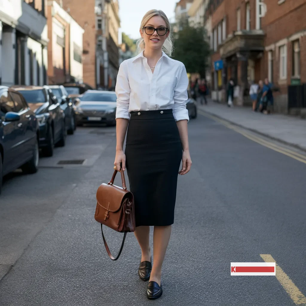 Black pencil skirt Outfit for Wedding Guest with White button-up shirt, Black loafers and a Leather satchel bag