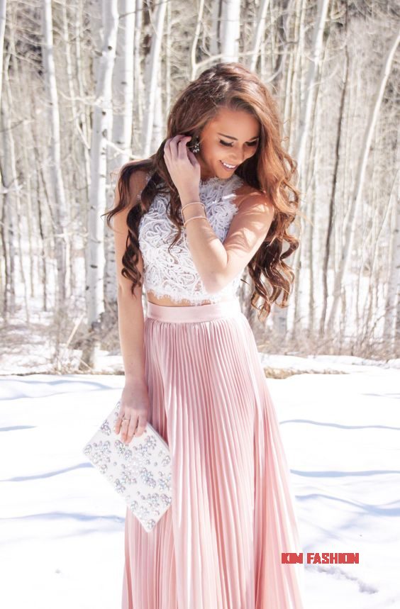 Pink pleated skirt Outfit for Wedding Guest with White lace top, White sandals and a Pink handbag