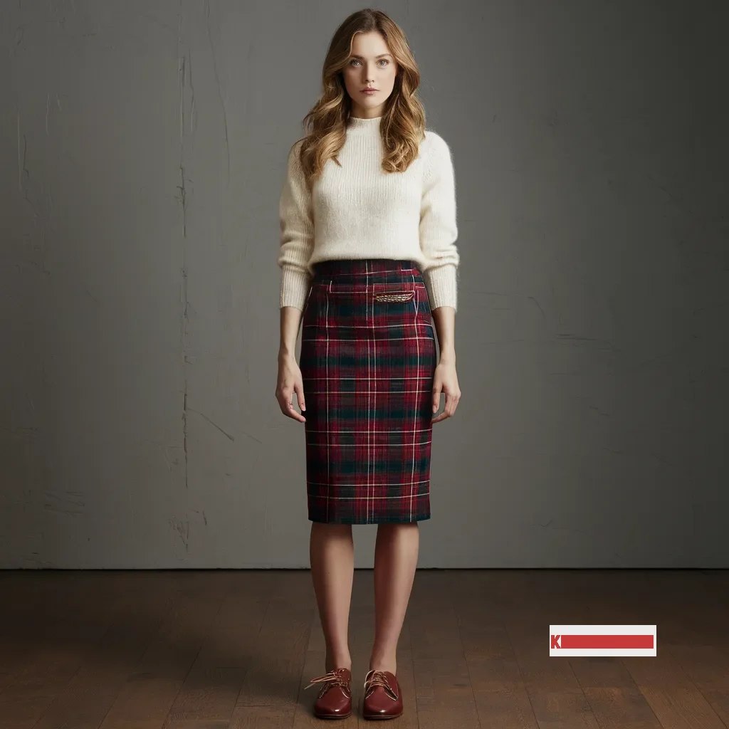 Plaid Pencil Skirt + Cream Sweater + Oxfords