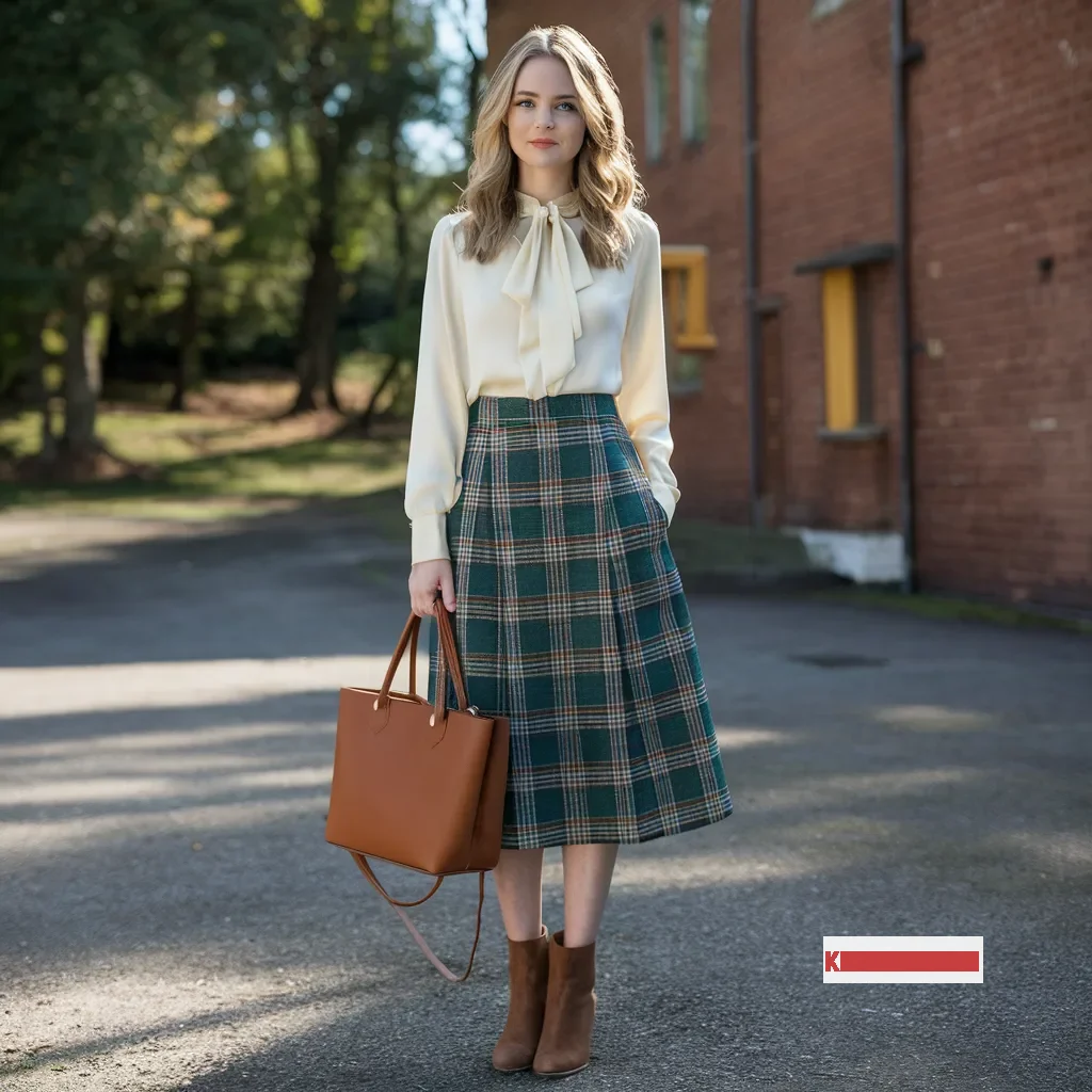 Plaid midi skirt Outfit for Wedding Guest with Cream blouse, Brown ankle boots and a Brown tote handbag