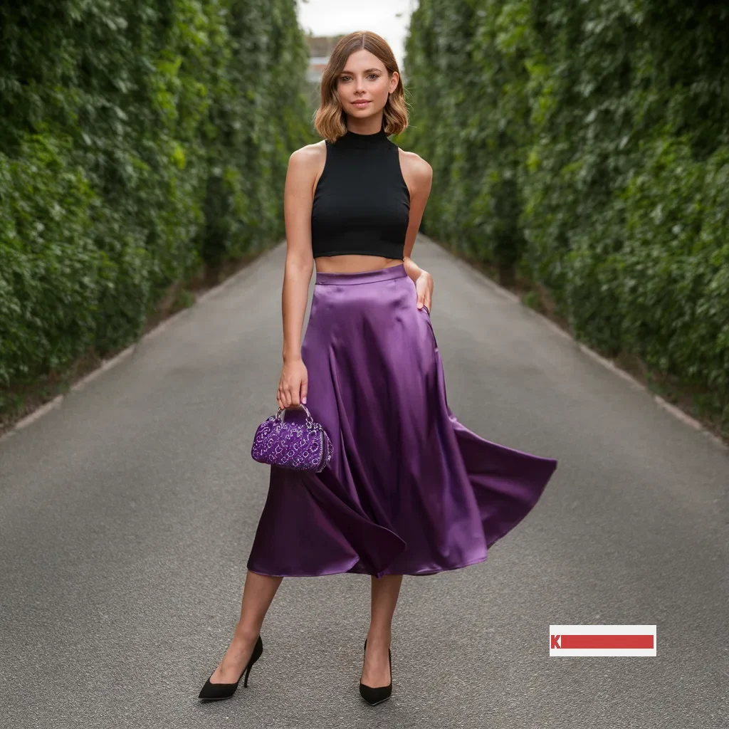 Purple satin skirt Outfit for Wedding Guest with Black crop top Black pumps and a Purple clutch Purse Skirt Outfit for Wedding Guest