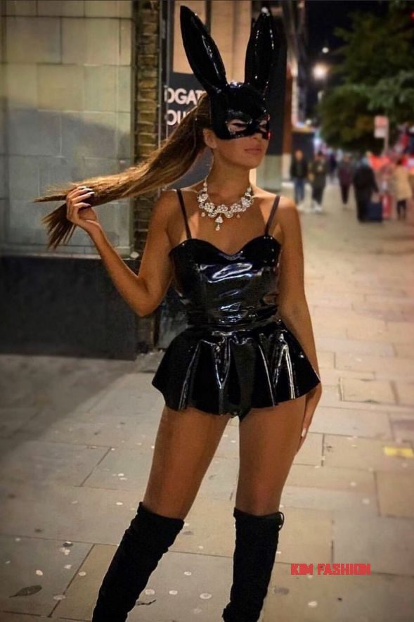 Bunny Girl Halloween Costume Black Bunny Ear Mask with Leather Skirt 