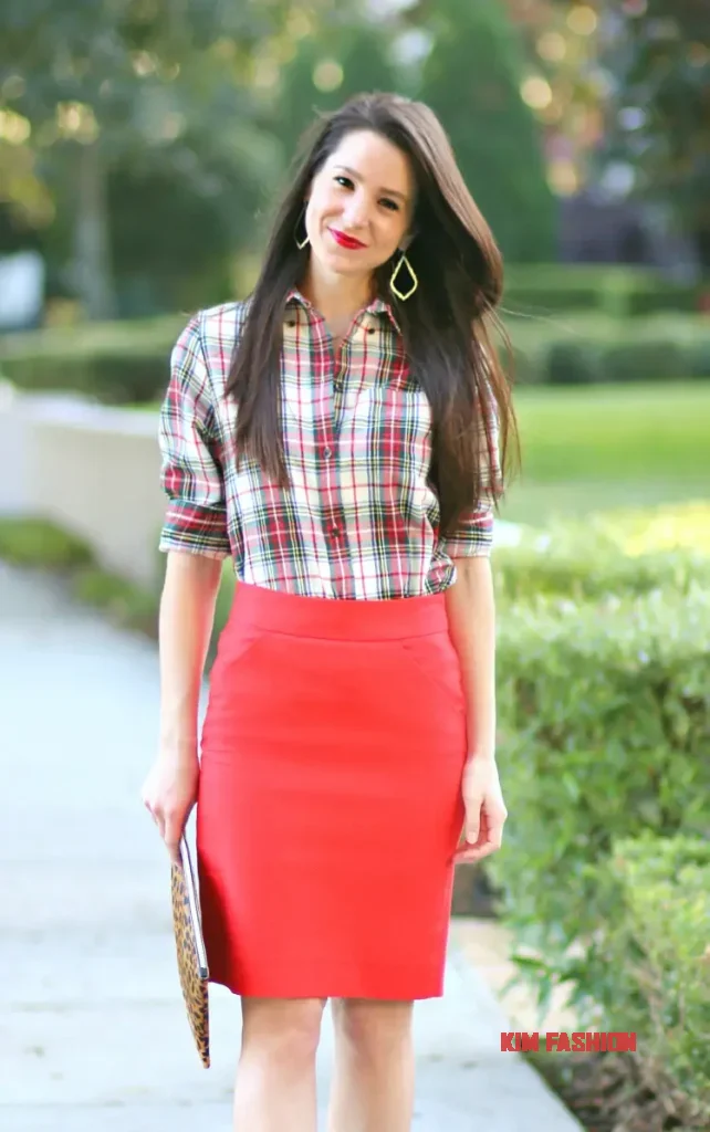 Checked Pencil Skirt + Red Cardigan + White Blouse + Oxfords