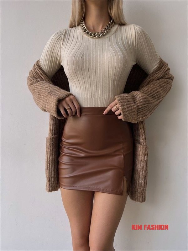 Leather Pencil Skirt with sweater for work