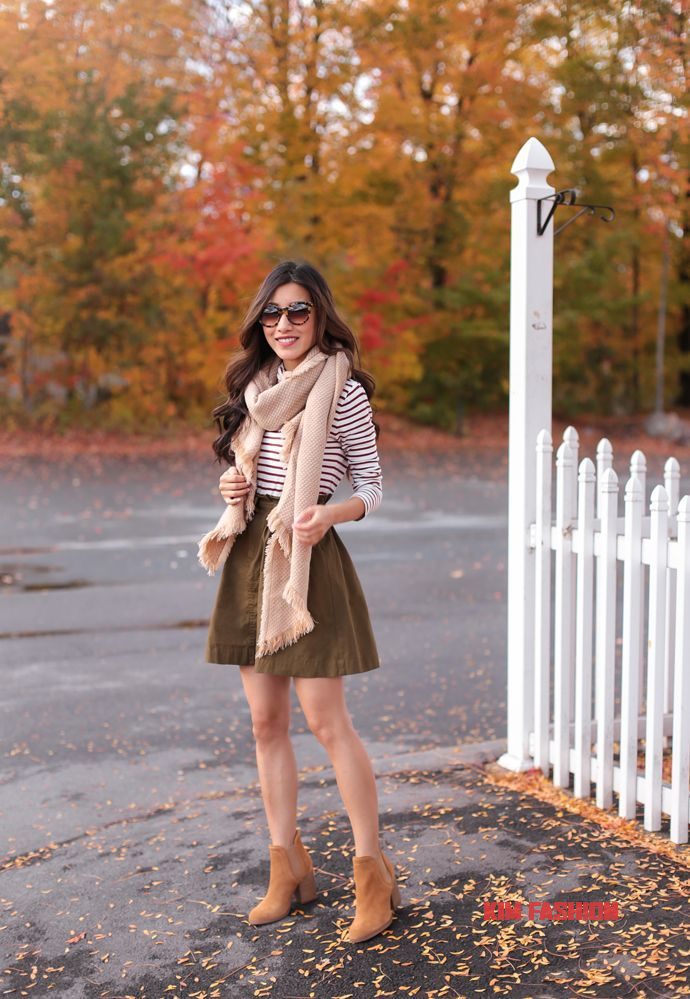 Fall Boots with Mini Skirt Strips Top and Scarf