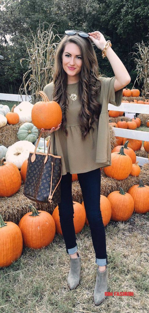 Fall Color Top with Fitted jeans and Boots