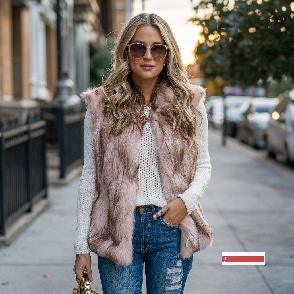 Faux Fur Sweater Vest, Knitted Sweater and Jeans