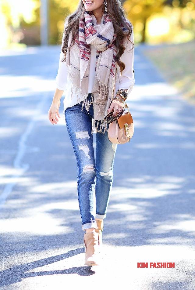 Printed Scarf with Jeans and Brown Ankle Boots  