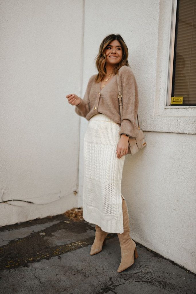 Knitted Maxi Skirt, Knee Hight Boots and Oversized Sweater