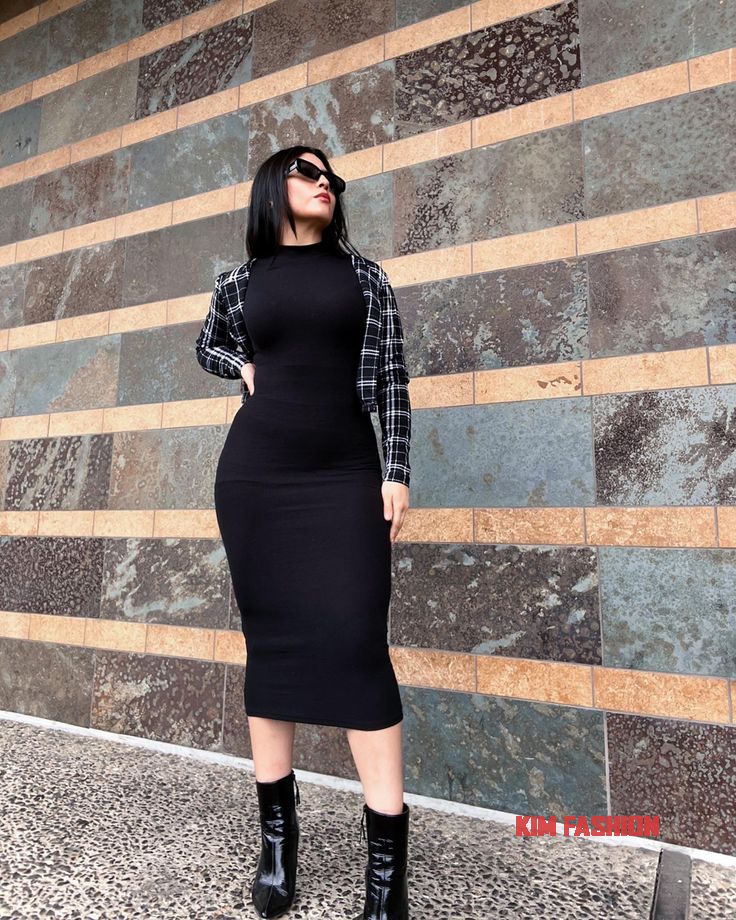 Fitted Maxi Black Dress with Plaid Blazer and Boots 