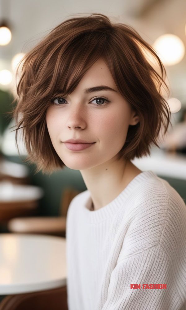 French Bob: A short bob with a fringe, often chin-length and slightly wavy.