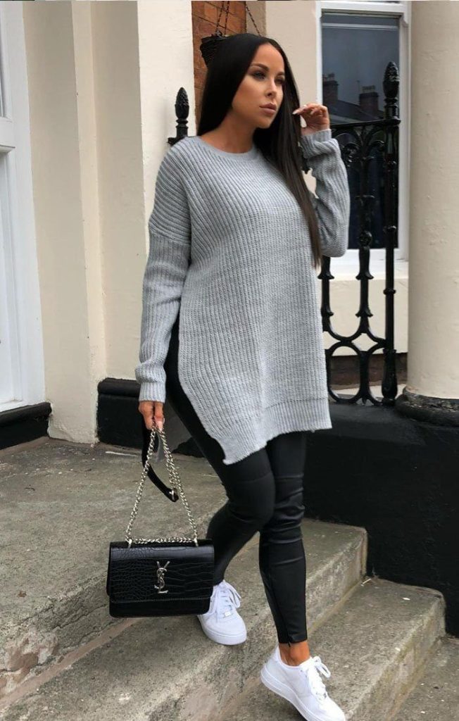 Oversized Sweater, Black leather leggings and Sneakers