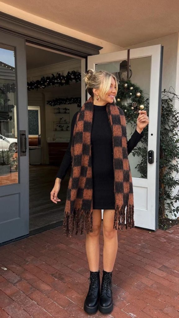 Black Maxi Sweater Dress with Combat Boots and Scarf