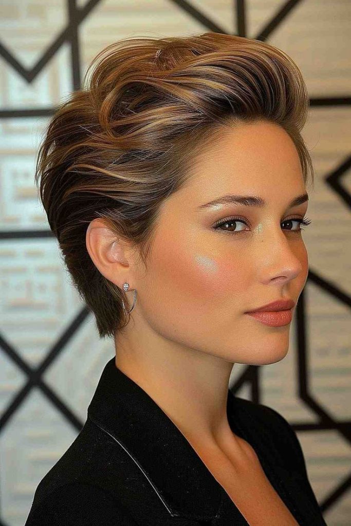 Slicked-Back Pixie: Longer top layers are slicked back for a sophisticated look.