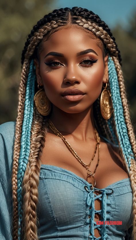 Boho braids with Blue and Blonde box braids that showcase a colorful braided hairstyle 